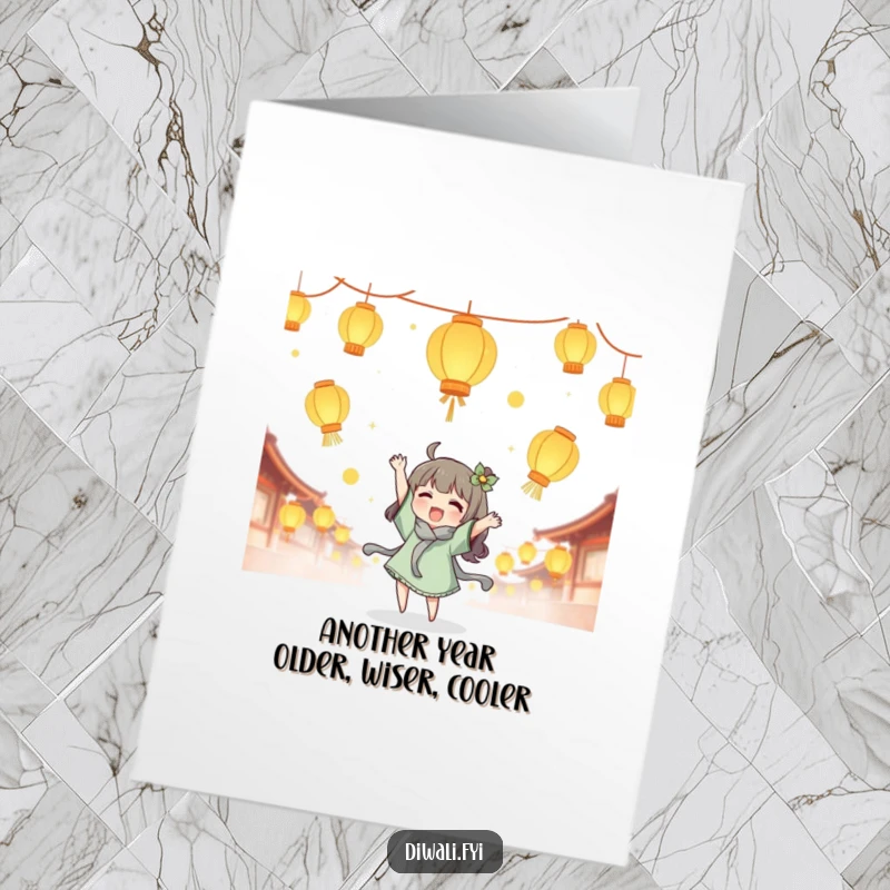 Funny free printable birthday card featuring a cute character joyfully tossing glowing lanterns into the air, creating a magical celebration.