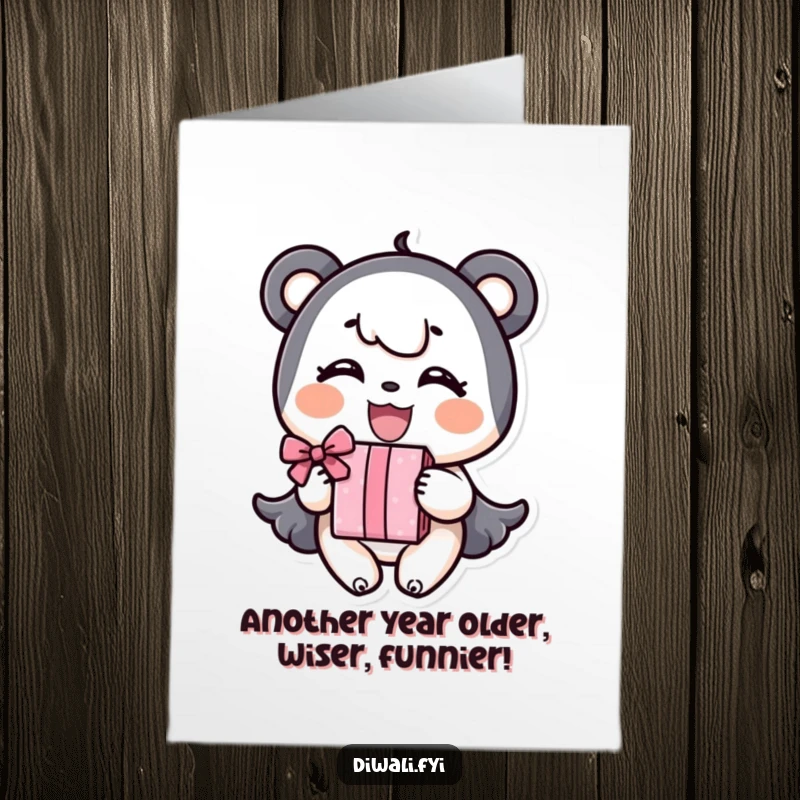 Funny Free Printable Birthday Card: A cheerful character happily presents a wrapped gift with a huge, beaming smile.