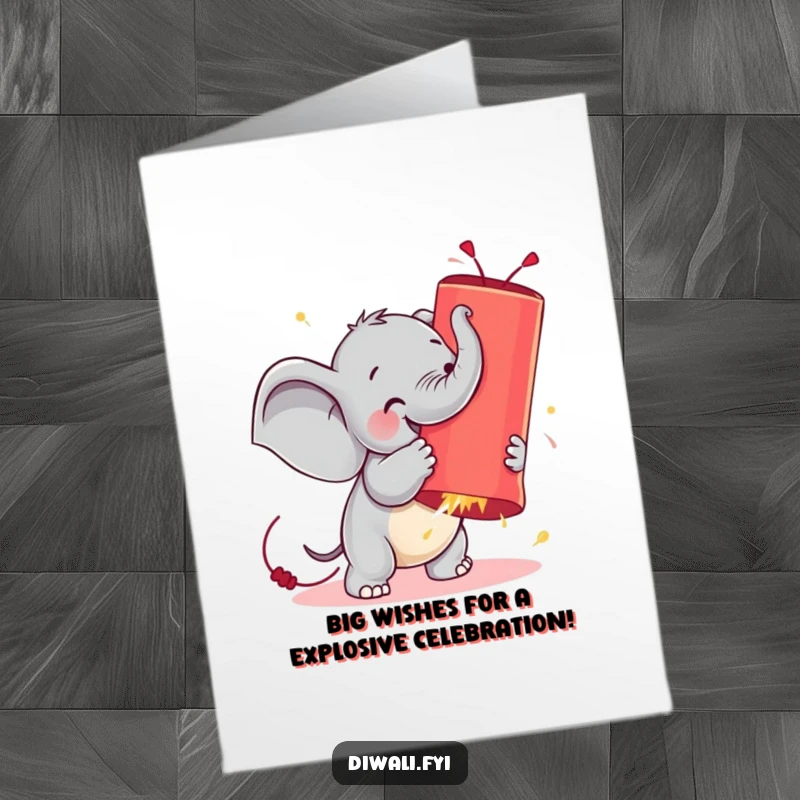 Funny Free Printable Birthday Card: Tiny elephant gleefully wrestling a massive, glowing firecracker, ready to explode with birthday cheer.