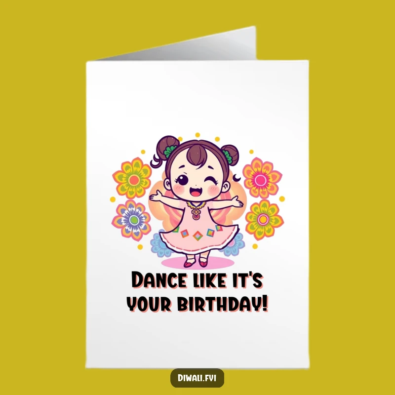 Joyful Free Printable Birthday Card: Dancing Rangoli Character, Festive Downloadable