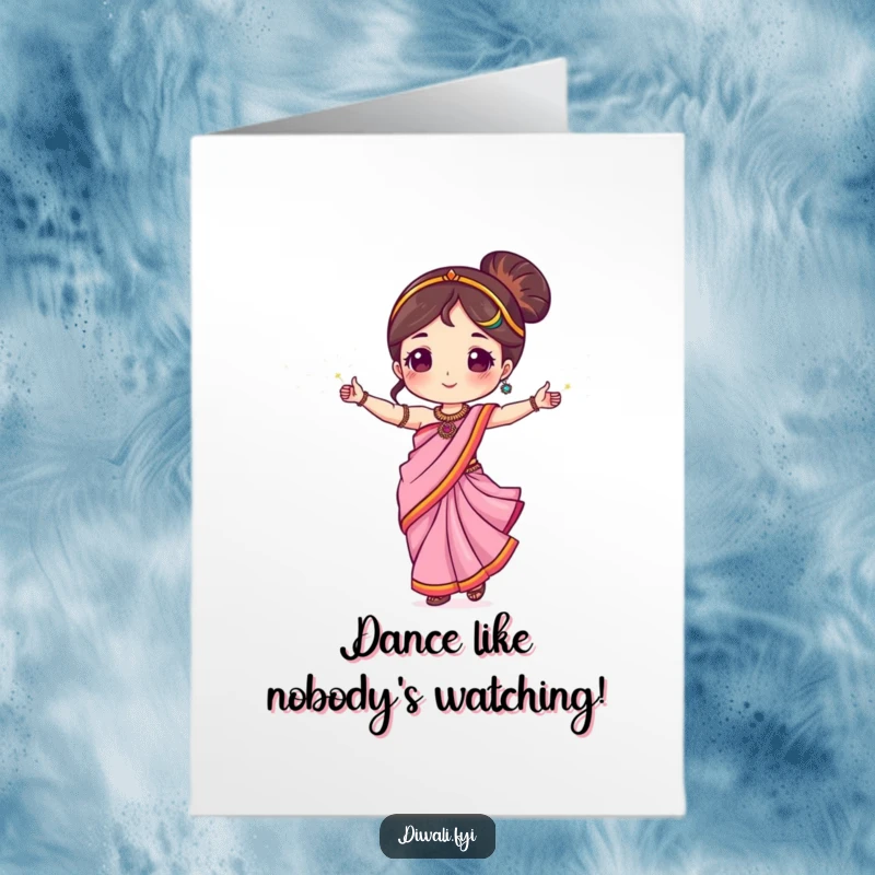 Funny Free Printable Birthday Card featuring a cute character in a sari dancing with sparklers, radiating joy and celebration.