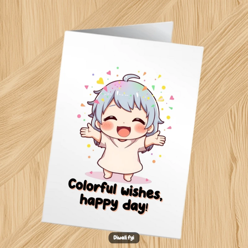 Funny Free Printable Birthday Card: Character joyfully scattering colourful powder everywhere with both hands in celebration.