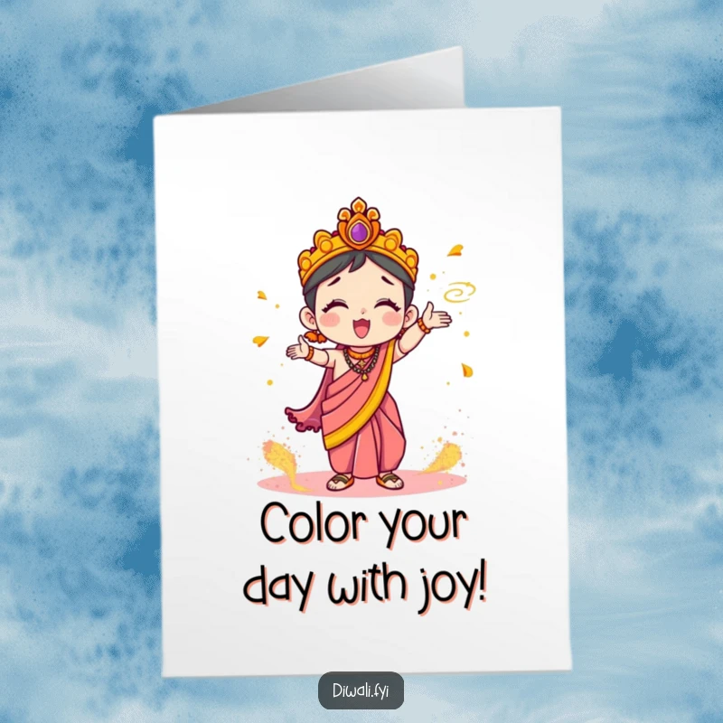 Funny Free Printable Birthday Card: Cute character in a sari joyfully tossing colorful powder, spreading festive cheer for a special day.