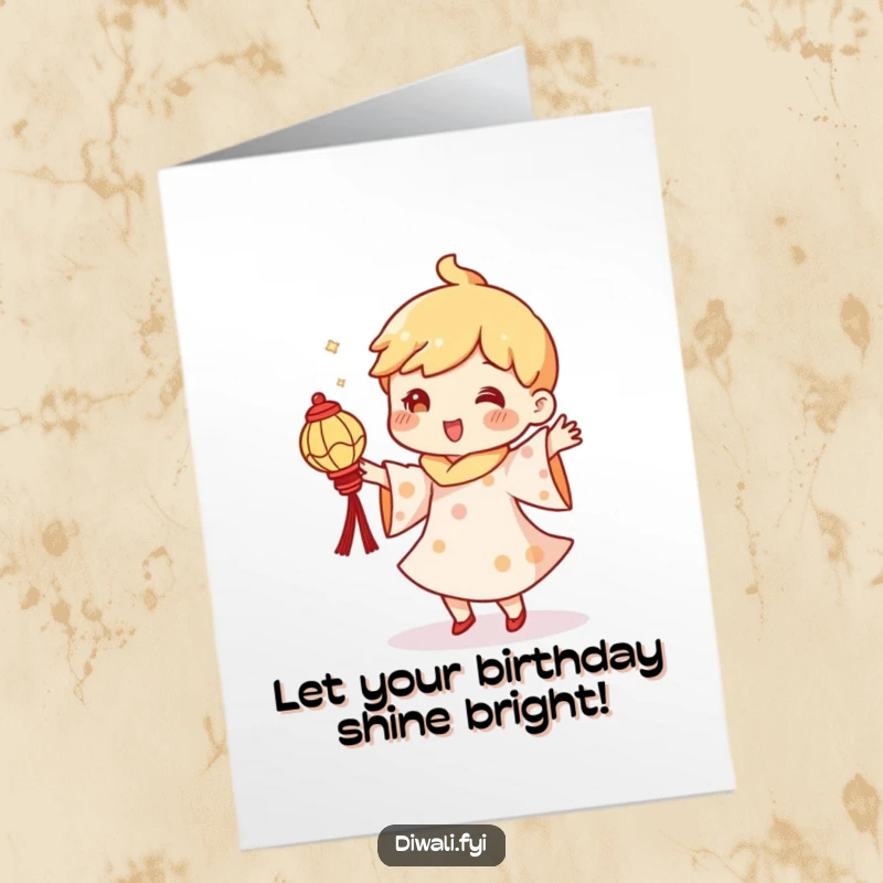 Funny Free Printable Birthday Card: Character doing a silly, energetic dance while holding a small, glowing diya lantern.
