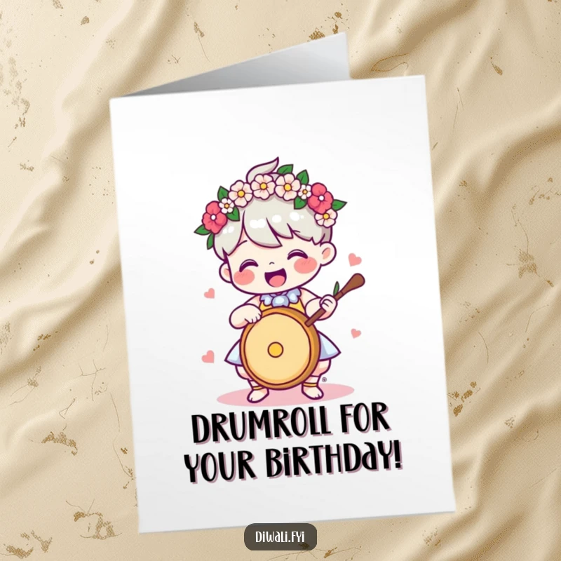 Funny Free Printable Birthday Card: A delighted character wearing a flower garland enthusiastically plays a drum, setting a joyful birthday rhythm.