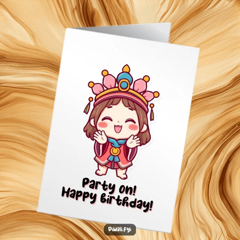 Funny Free Printable Birthday Card featuring a happy character in a festive headdress, clapping hands. Celebratory downloadable art.