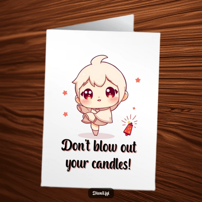 Funny Free Printable Birthday Card: Wide-eyed character mischievously kicking a small firecracker, anticipating an explosion.