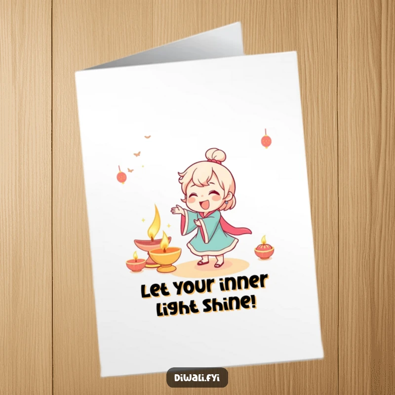 Funny Free Printable Birthday Card: A character giggling gleefully while dancing joyfully beside a beautifully illuminated diya.