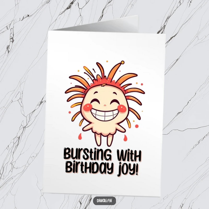 Funny Free Printable Birthday Card: A happy firework character bursting with energy and a huge wide grin.