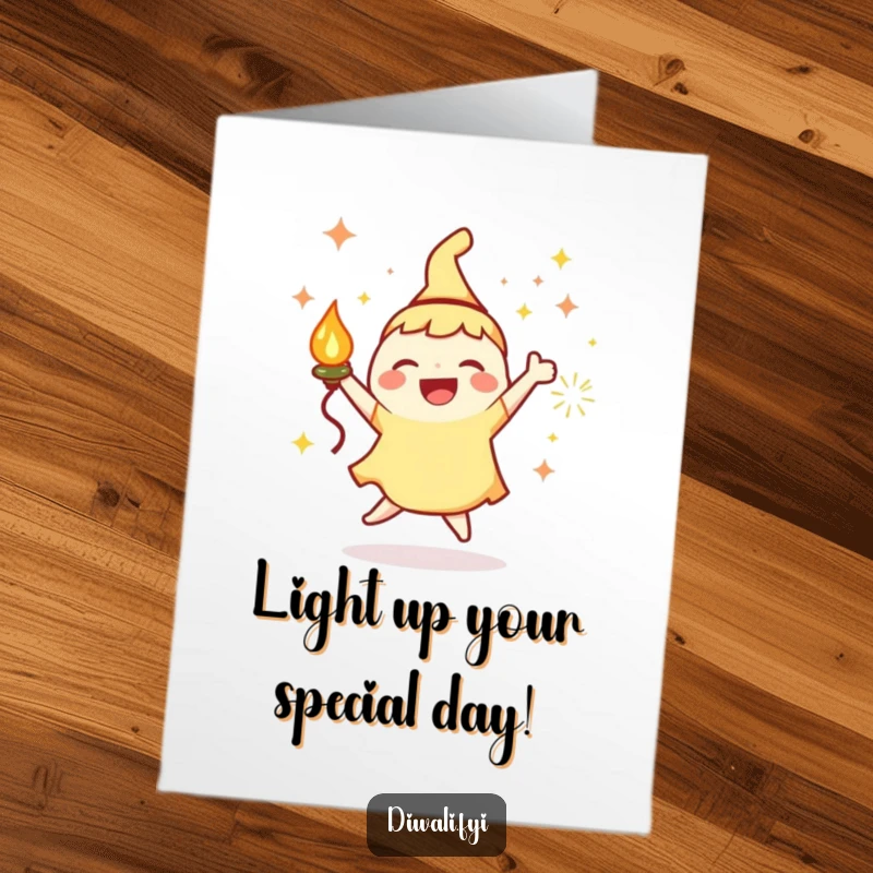 Funny Free Printable Birthday Card: A joyous character with a glowing lamp and sparks joyfully dances, radiating happiness and celebration.