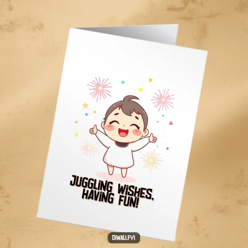 Funny Free Printable Birthday Card: A joyful character with a huge smile, expertly juggling colorful, bright sparklers.