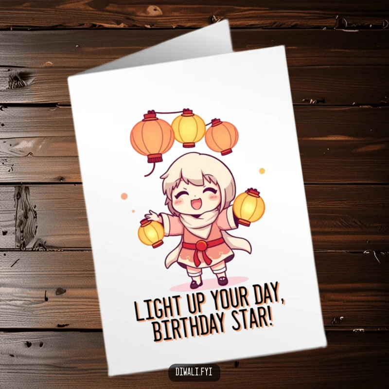 Funny Free Printable Birthday Card: A happy character expertly juggles bright, glowing lanterns like colorful balls, celebrating joyfully.
