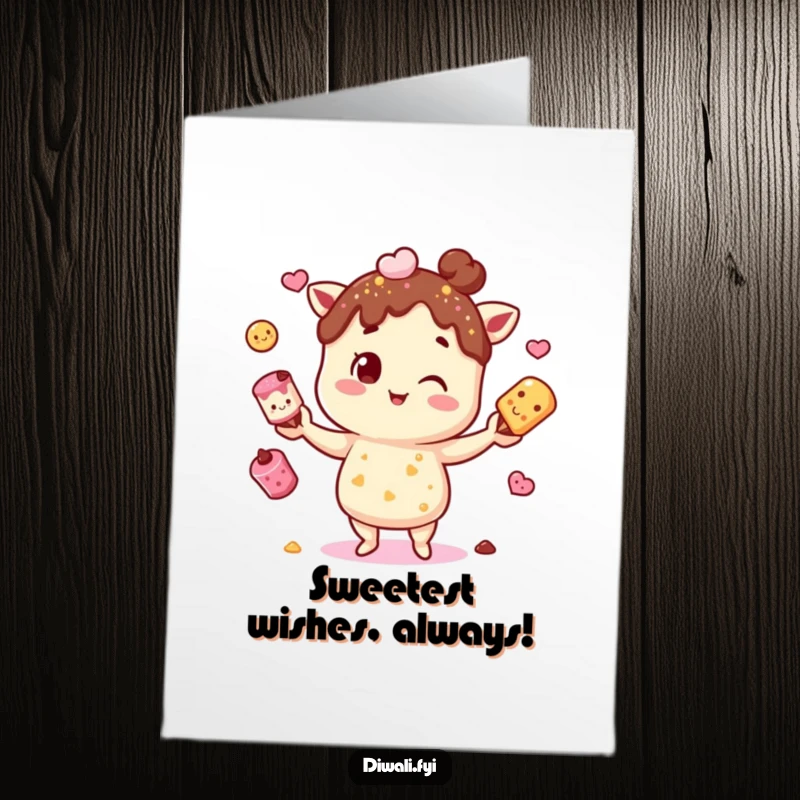 Funny Free Printable Birthday Card: A mischievous sweet treat character gleefully juggling colorful Indian sweets (mithai) with a grin.