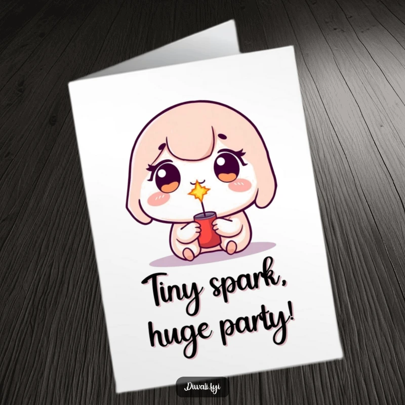 Funny Free Printable Birthday Card featuring a kawaii character with sparkling eyes excitedly lighting a small, mischievous firecracker.