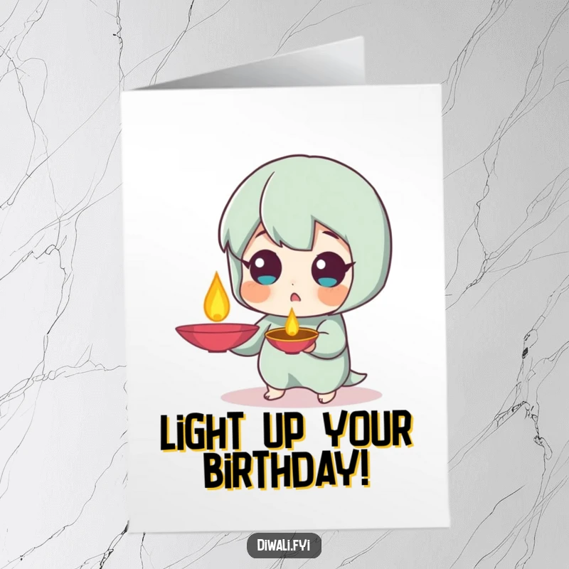 Funny Free Printable Birthday Card: Small character with a surprised expression, holding a lit diya lamp, ready for celebration.