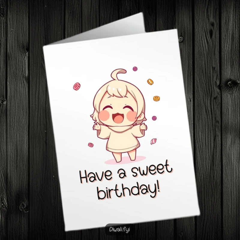 Funny Free Printable Birthday Card: Smiling character gleefully tossing small sweets into the air, celebrating joyfully.