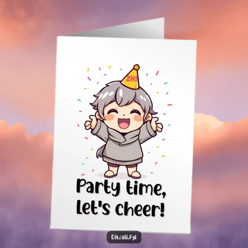 Funny Free Printable Birthday Card: A cheerful character striking a festive pose amidst flying confetti, ready to celebrate.