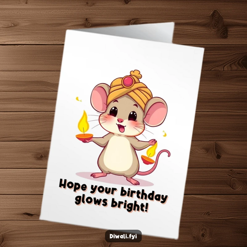 Funny Free Printable Birthday Card: Startled Mouse in Tiny Turban Juggling Glowing Diyas, Festive Celebration