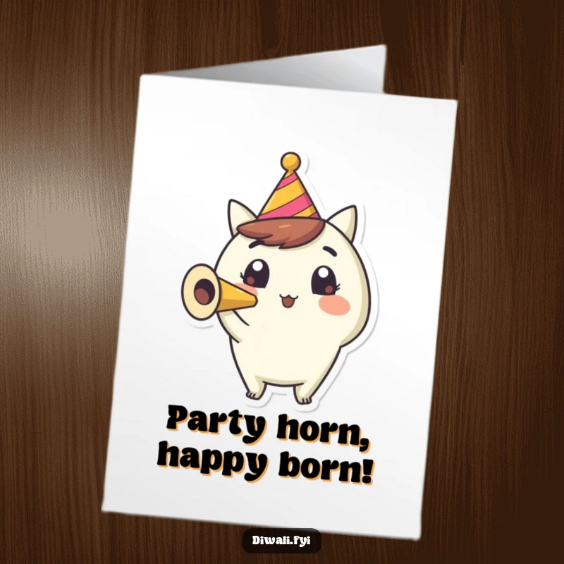 Funny Free Printable Birthday Card: A happy character with wide eyes excitedly blows a colorful party horn, spreading cheer.