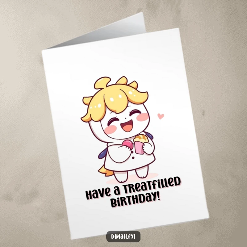 Funny Free Printable Birthday Card: A laughing character happily offers a delicious sweet treat to another character, sharing joy.