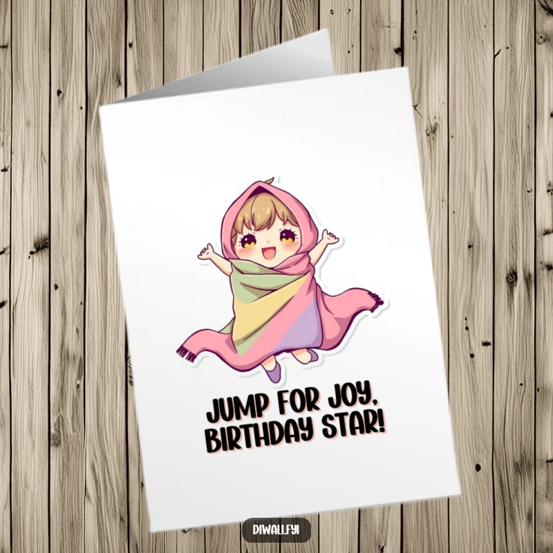 Funny Free Printable birthday card featuring a character in vibrant fabric leaping joyfully, celebrating a happy birthday with gusto.