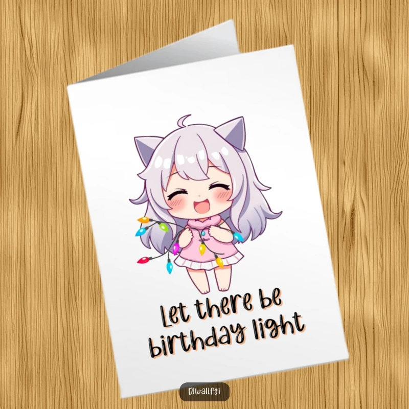 Funny Free Printable birthday card shows a character with a joyful smirk playfully interacting with a string of colorful lights, spreading festive cheer.