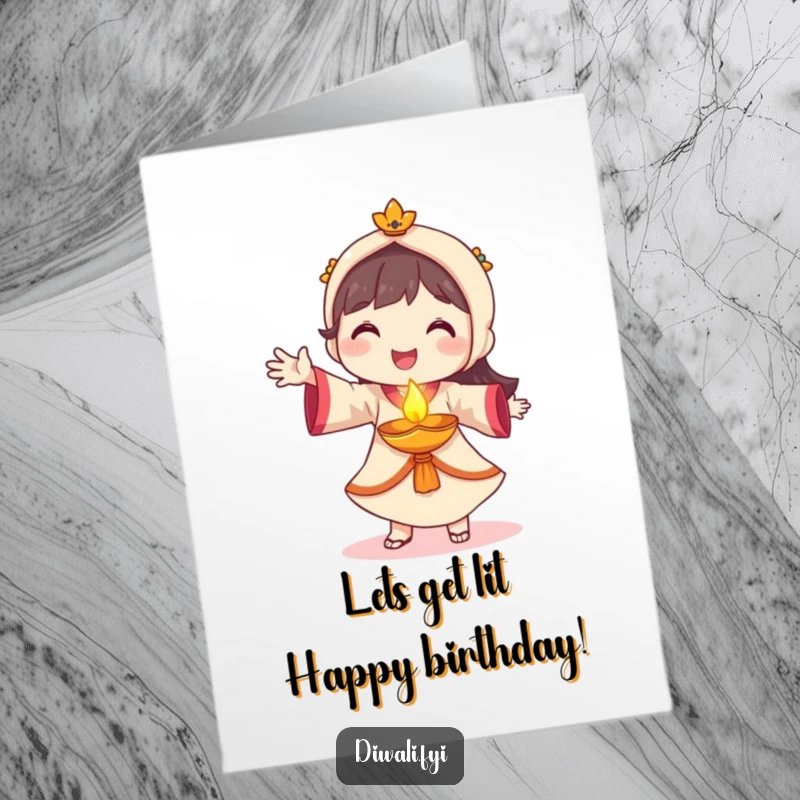 Funny free printable birthday card featuring a smiling character joyfully dancing with a small, glowing diya, radiating happiness.