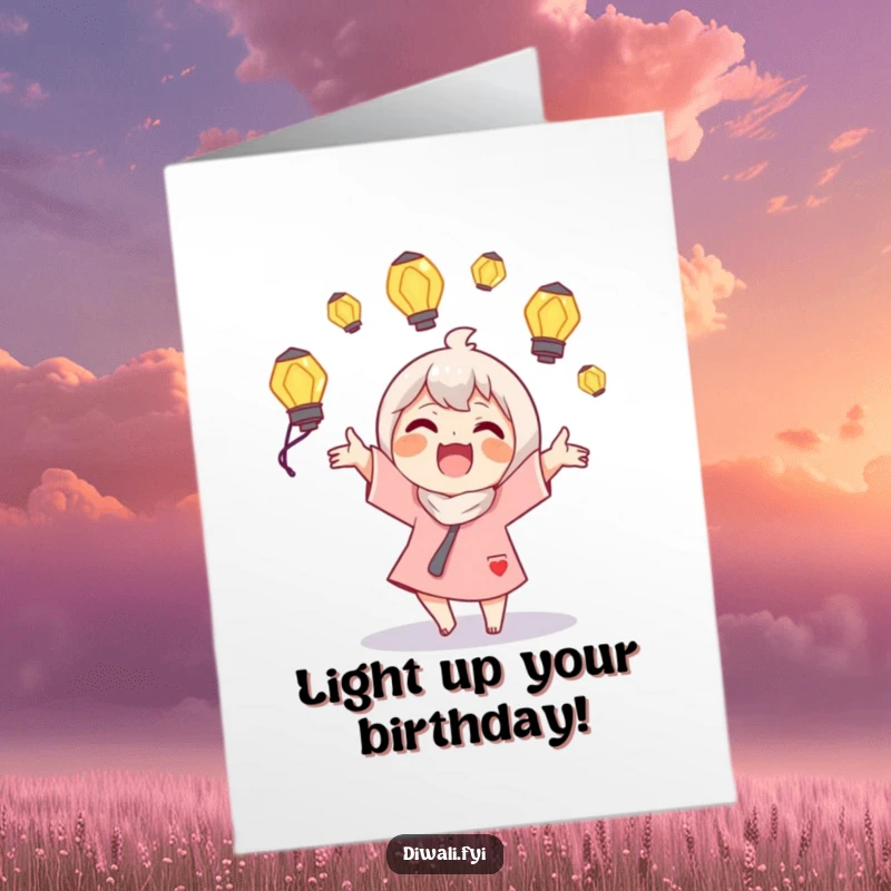 Funny Free Printable Character Card: Joyous character juggles glowing lamps, celebrating birthday. Whimsical downloadable card.