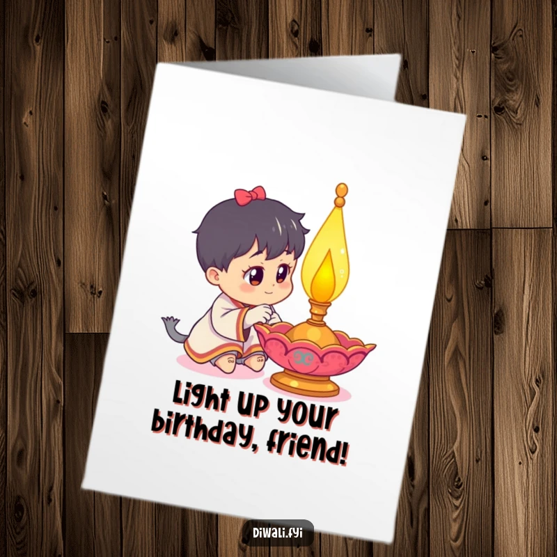 Funny Free Printable Birthday Card featuring a curious character inspecting a brightly lit diya lamp with delight.