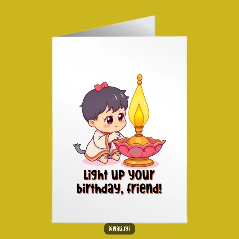 Free Printable Birthday Card: Curious Character & Diya Lamp Funny Downloadable Gift