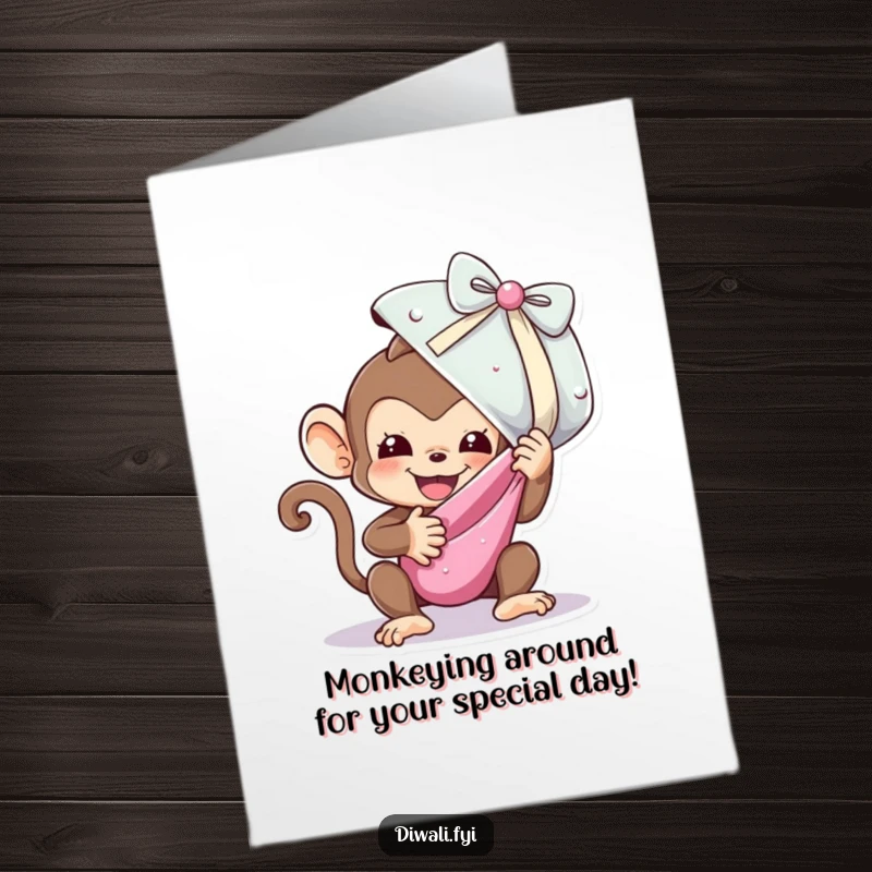 Funny Free Printable Birthday Card: A playful monkey with wide eyes excitedly unwrapping a comically giant, shimmering sweet.