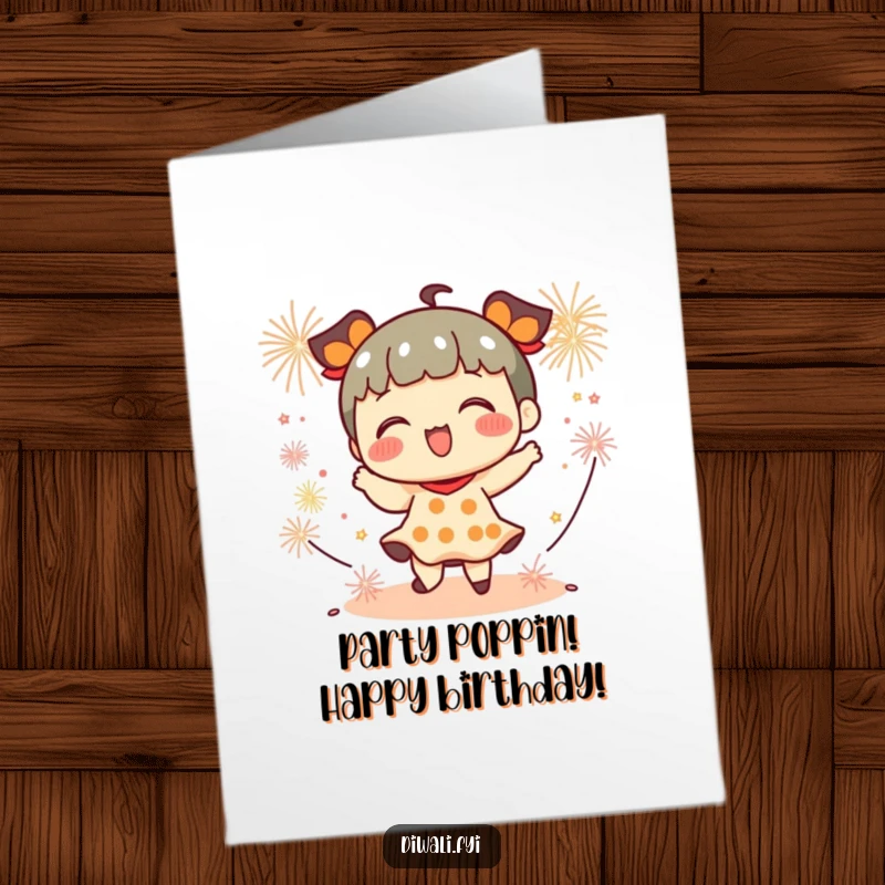 Funny Free Printable Birthday Card: A playful character dances joyfully amidst small, colorful firecrackers, celebrating the big day.