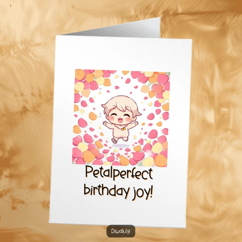 Funny Free Printable Birthday Card featuring a giggling character running through colorful petals. Joyful, celebratory downloadable art.