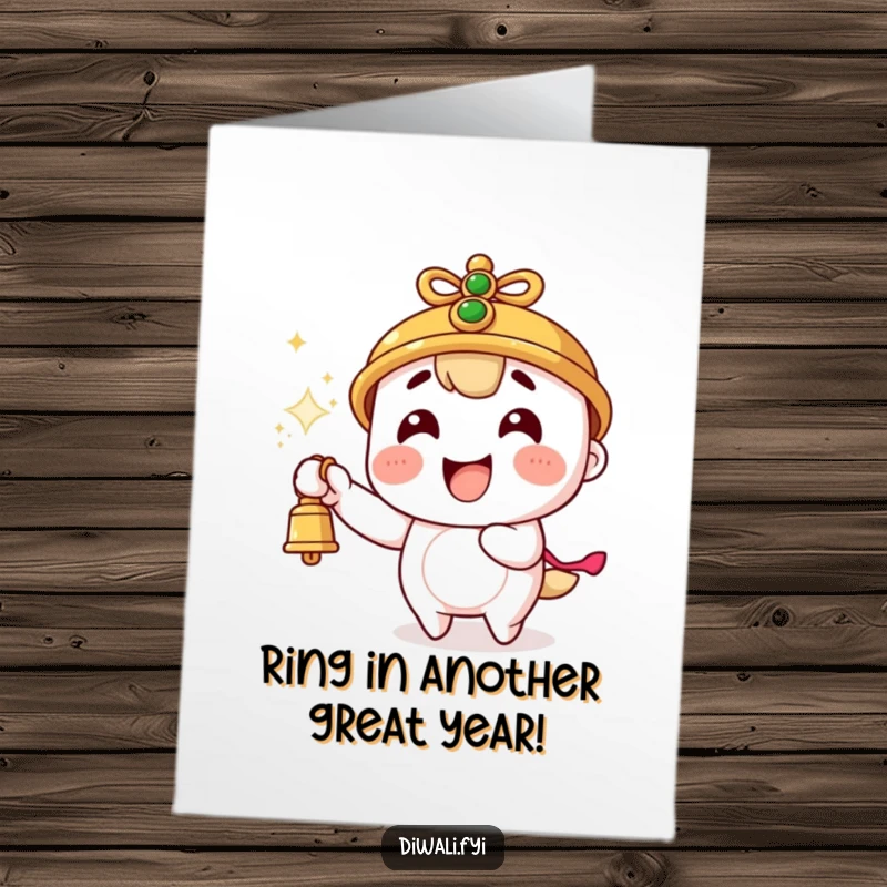 Funny Free Printable Birthday Card: Excited character joyfully ringing a bell with playful sparks flying, spreading cheer.