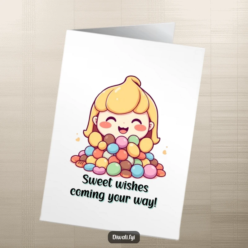 Funny Free Printable Birthday Card featuring a happy character with a huge grin offering a pile of delicious sweets.