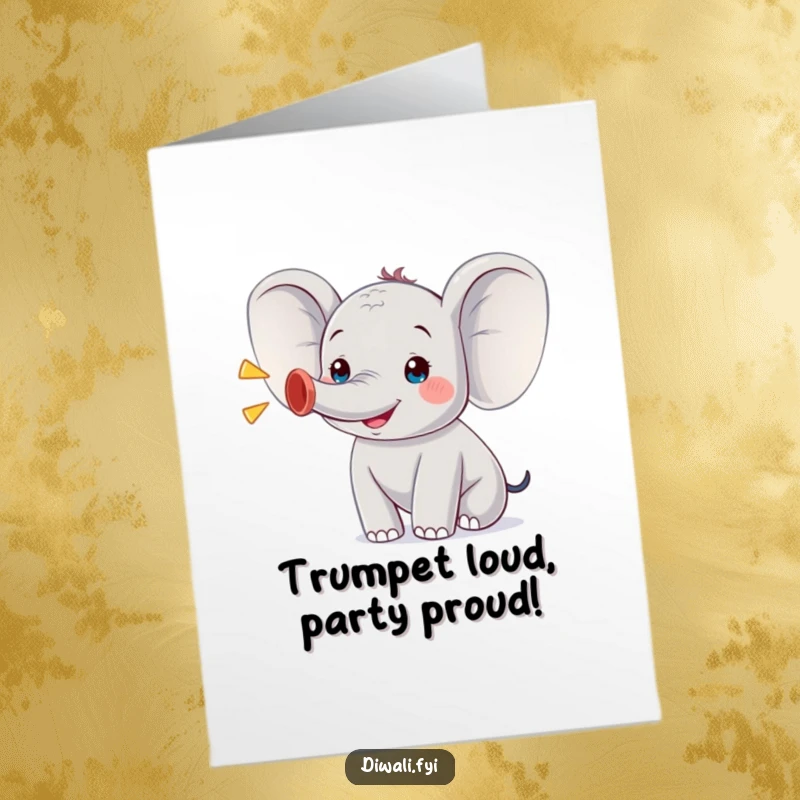 Funny Free Printable Birthday Card: A small, happy elephant gleefully trumpeting joyfully with its trunk raised high.