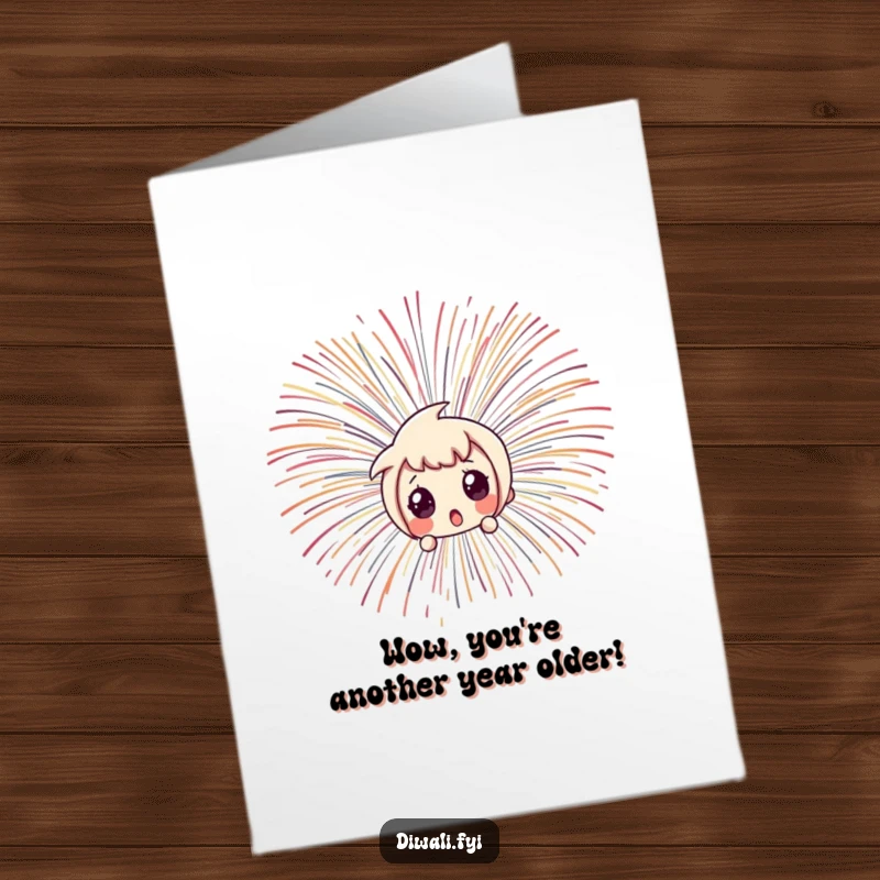 Funny Free Printable Birthday Card: A character with wide, surprised eyes peeking from behind a colorful, explosive firework burst.