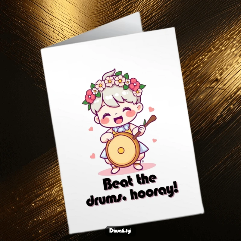 Funny Free Printable Congratulations Card: A delighted character with a flower garland plays a drum, celebrating a joyous milestone with a beat.