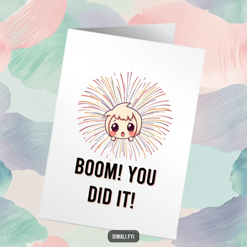 Funny Free Printable Congratulations Card: A character looking startled, peeking from behind a massive, bright firework explosion.