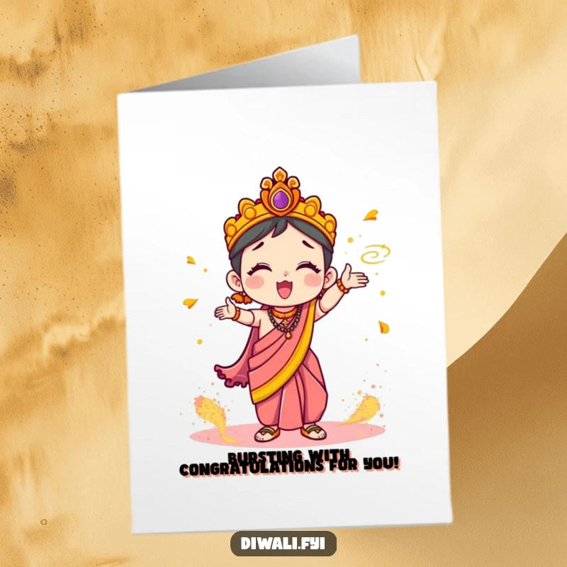 Funny Free Printable Congratulations Card: Cute character in a sari gleefully tossing vibrant powder to celebrate achievements with excitement.