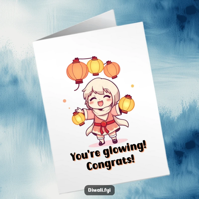 Funny Free Printable Congratulations Card: A delighted character juggles luminous lanterns, symbolizing a bright future and success.