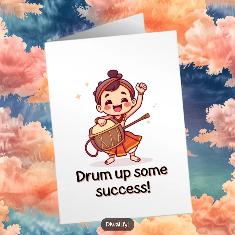 Funny Free Printable Congratulations Card showing a jubilant character enthusiastically striking a dhol drum, celebrating a momentous occasion.