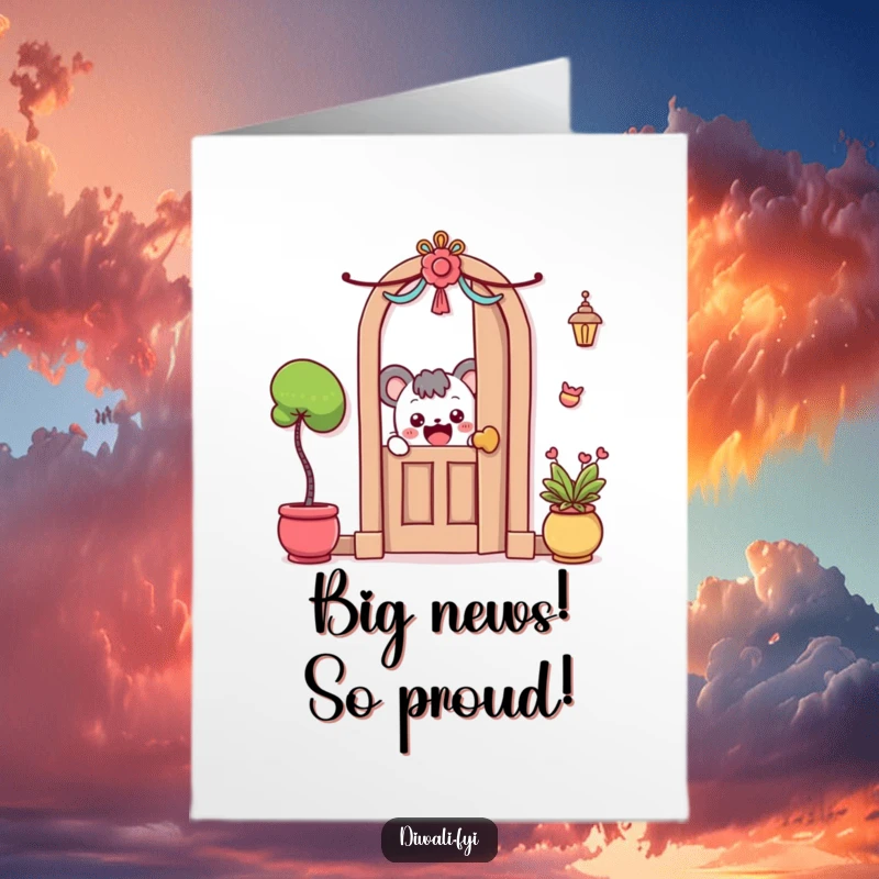 Funny Free Printable Congratulations Card: A curious character peeks from behind a decorated door, full of excitement.
