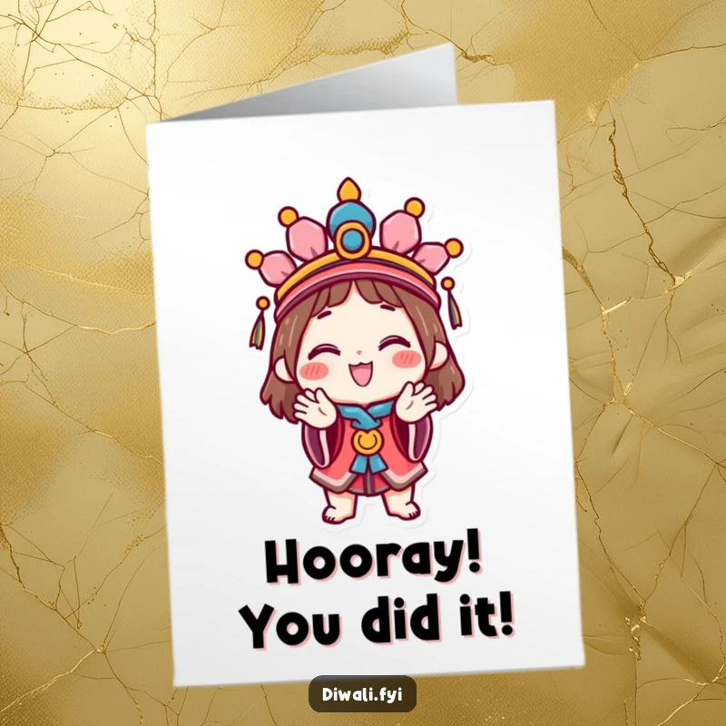 Funny Free Printable Congratulations Card with a happy character in festive headdress, clapping. Celebrating success. Downloadable art.