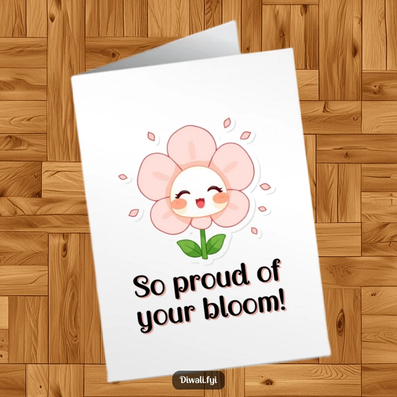 Funny Free Printable Congratulations Card featuring a blushing flower happily showering petals, perfect for celebrating achievements.