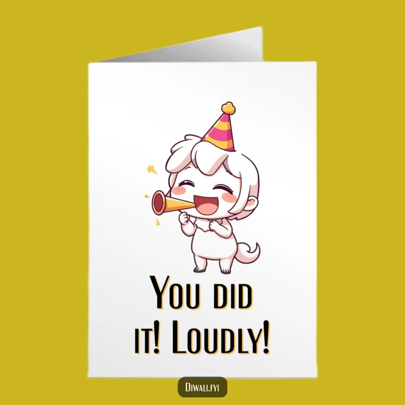 Free Printable Congrats Card: Laughing Party Horn Character Downloadable Celebration Gift