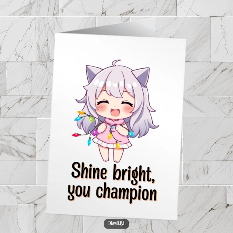 Free Printable congratulations card features a character with a joyful smirk playing with a string of colorful lights, symbolizing bright future and happiness.