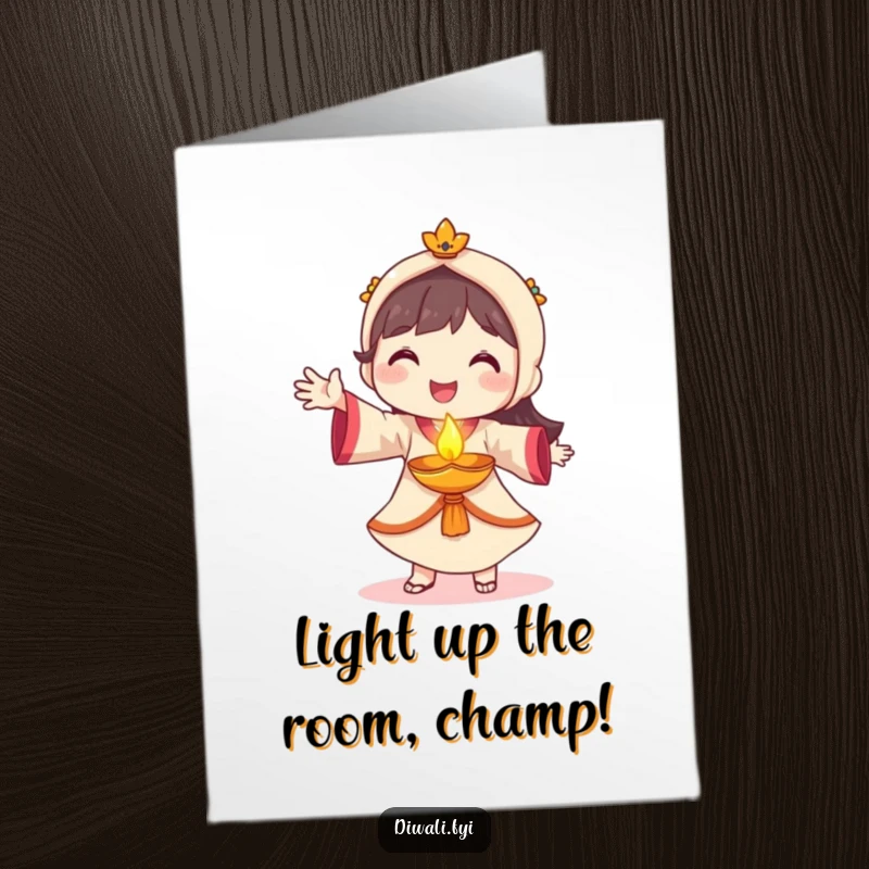 Funny free printable congratulations card of a smiling character dancing with a glowing diya, symbolizing brightness and good fortune.