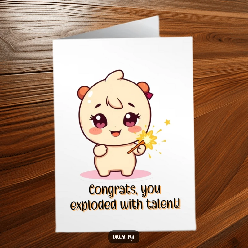 Funny Free Printable Congratulations Card: A happy character with bright sparkly eyes holds a firecracker, signaling a brilliant and exciting success.