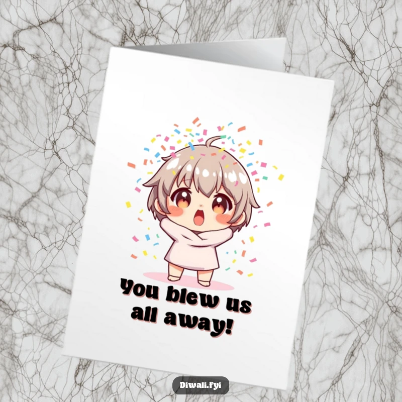 Funny Free Printable Congratulations Card: Character showing surprise as colorful confetti bursts outward, celebrating an event.